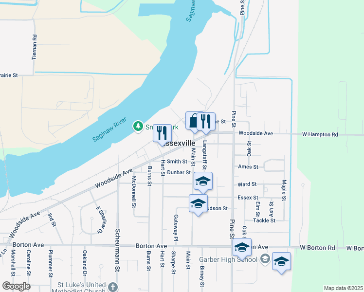 map of restaurants, bars, coffee shops, grocery stores, and more near 1401 Woodside Avenue in Essexville