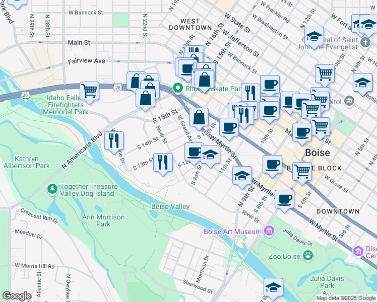 map of restaurants, bars, coffee shops, grocery stores, and more near 1249 West Grand Avenue in Boise