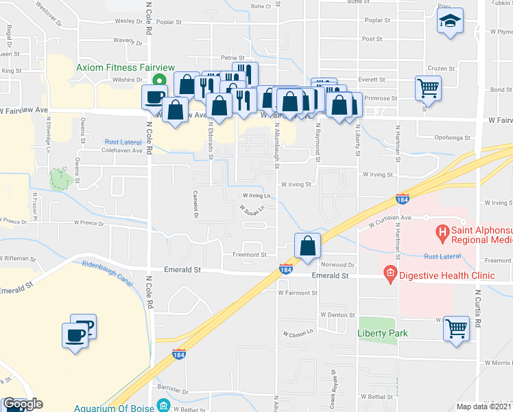 map of restaurants, bars, coffee shops, grocery stores, and more near 6933 West Irving Lane in Boise