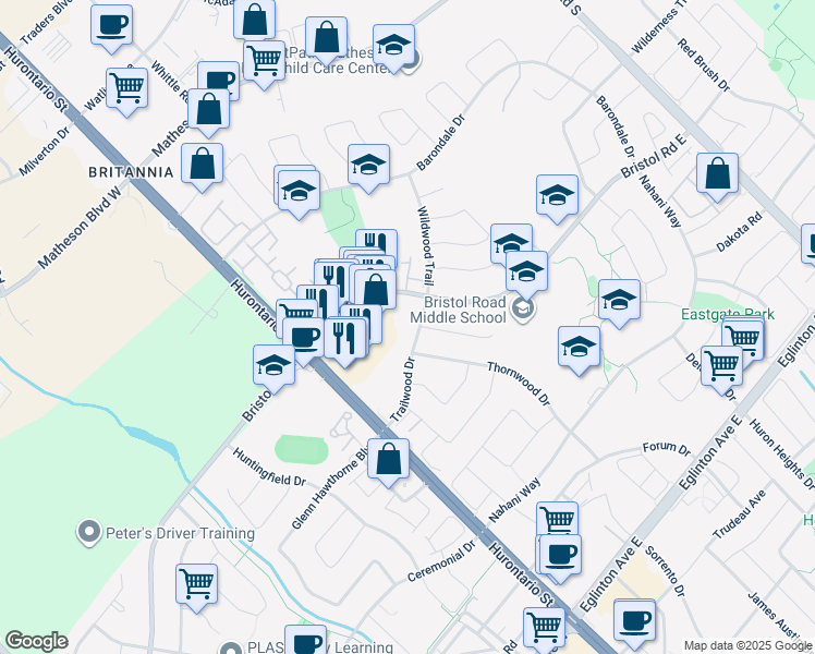 map of restaurants, bars, coffee shops, grocery stores, and more near in Mississauga