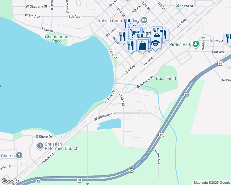 map of restaurants, bars, coffee shops, grocery stores, and more near 515 South Shore Drive in Worthington