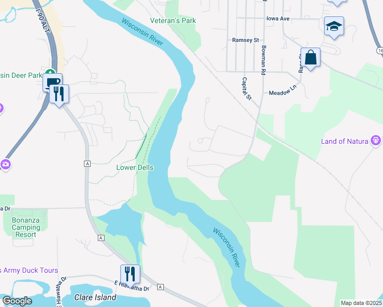 map of restaurants, bars, coffee shops, grocery stores, and more near 103 Bowman Road in Wisconsin Dells