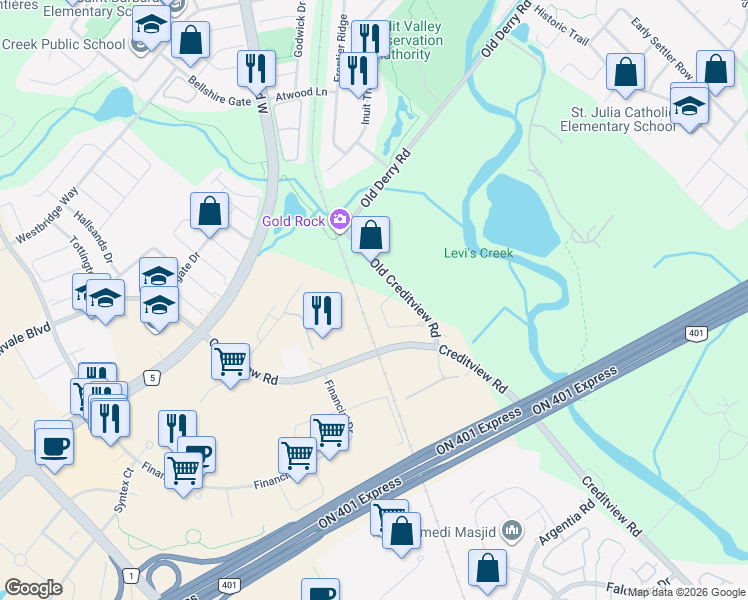 map of restaurants, bars, coffee shops, grocery stores, and more near 1457 Spring Garden Court in Mississauga