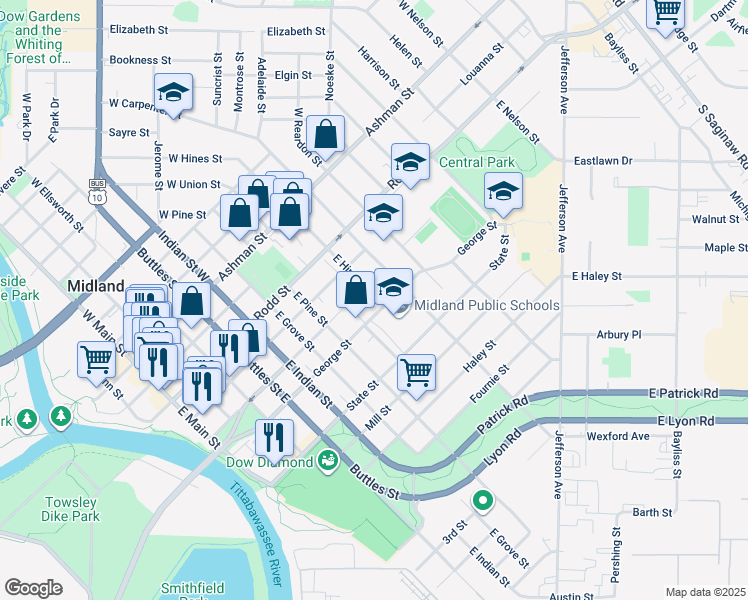 map of restaurants, bars, coffee shops, grocery stores, and more near 1011 George Street in Midland