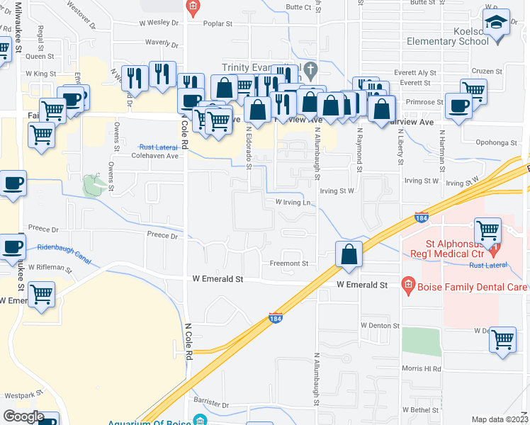 map of restaurants, bars, coffee shops, grocery stores, and more near 1122 North Camelot Drive in Boise