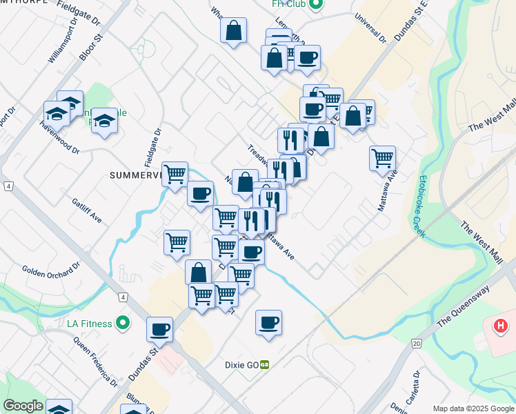 map of restaurants, bars, coffee shops, grocery stores, and more near 1655 Dundas Street East in Mississauga
