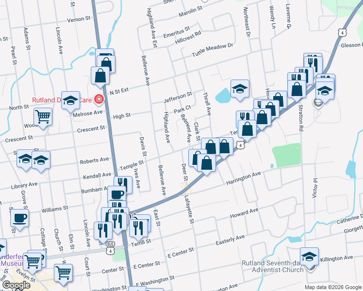 map of restaurants, bars, coffee shops, grocery stores, and more near 59 Temple Street in Rutland