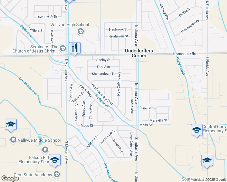 map of restaurants, bars, coffee shops, grocery stores, and more near 16718 Lancaster Avenue in Caldwell