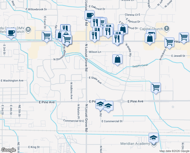 map of restaurants, bars, coffee shops, grocery stores, and more near 1160 North Locust Grove Road in Meridian