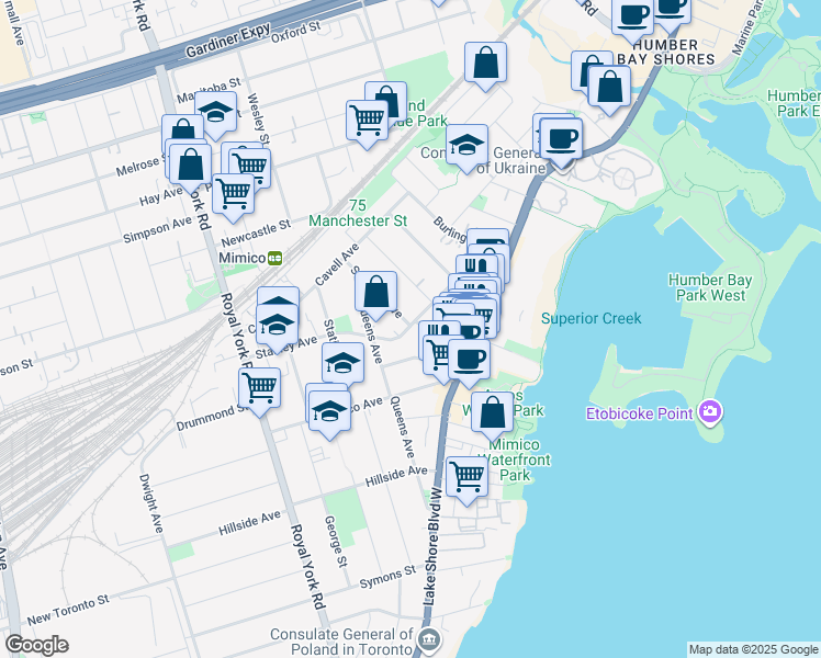 map of restaurants, bars, coffee shops, grocery stores, and more near 54 Superior Avenue in Toronto