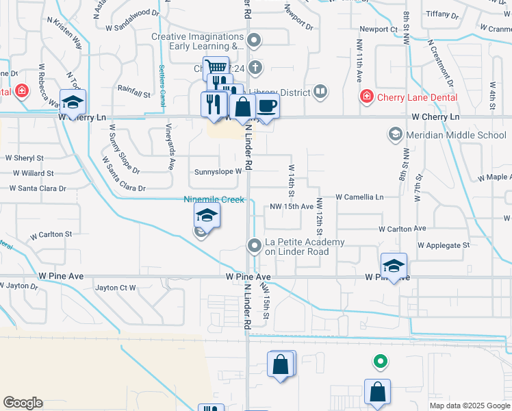 map of restaurants, bars, coffee shops, grocery stores, and more near 1121 Northwest 15th Avenue in Meridian
