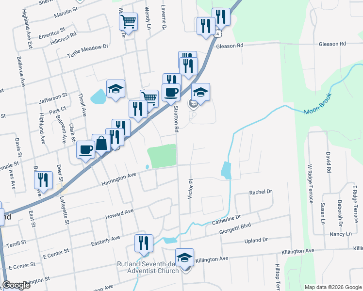 map of restaurants, bars, coffee shops, grocery stores, and more near 31 Stratton Road in Rutland