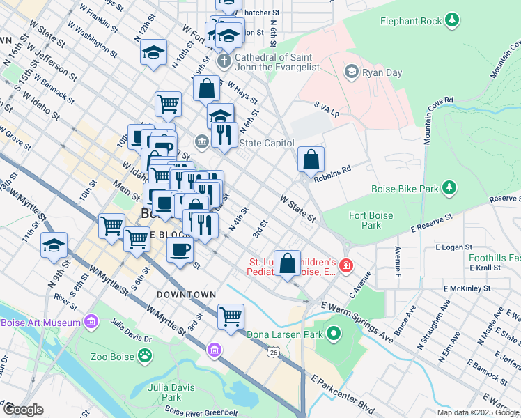 map of restaurants, bars, coffee shops, grocery stores, and more near 325 West State Street in Boise