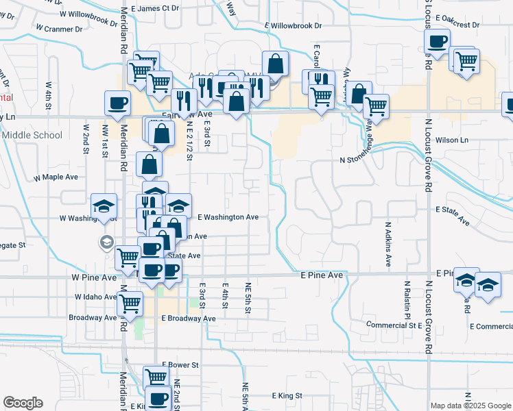 map of restaurants, bars, coffee shops, grocery stores, and more near 1263 North Cathy Avenue in Meridian