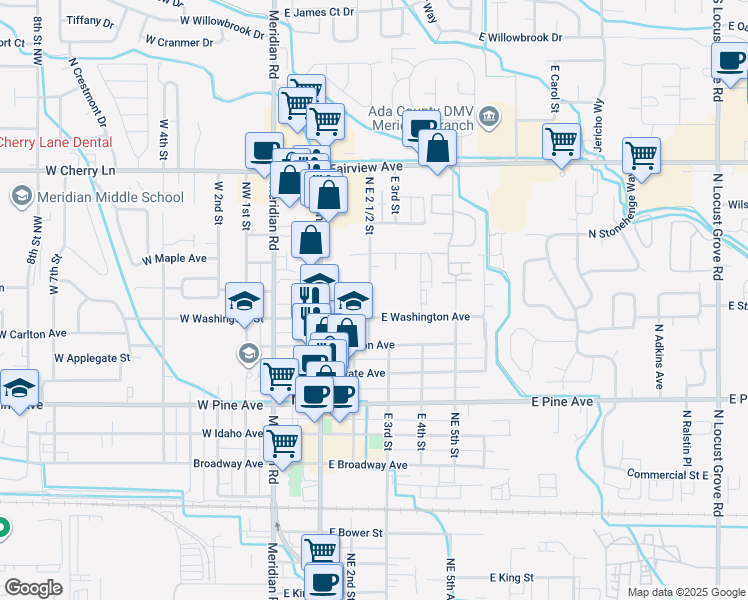 map of restaurants, bars, coffee shops, grocery stores, and more near 1248 Northeast 2 And A Half Street in Meridian
