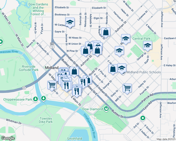 map of restaurants, bars, coffee shops, grocery stores, and more near in Midland