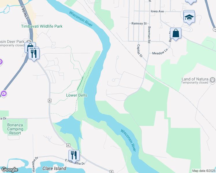 map of restaurants, bars, coffee shops, grocery stores, and more near 103 Bowman Road in Wisconsin Dells