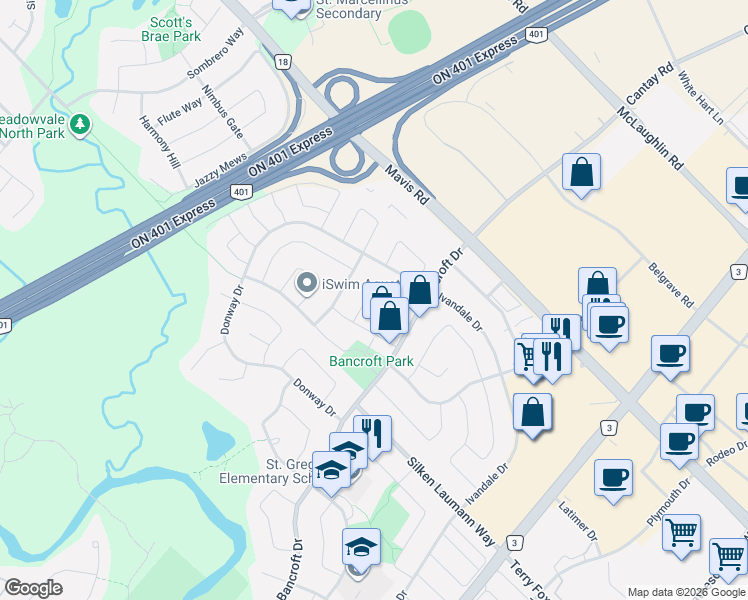 map of restaurants, bars, coffee shops, grocery stores, and more near 954 Mantle Crescent in Mississauga