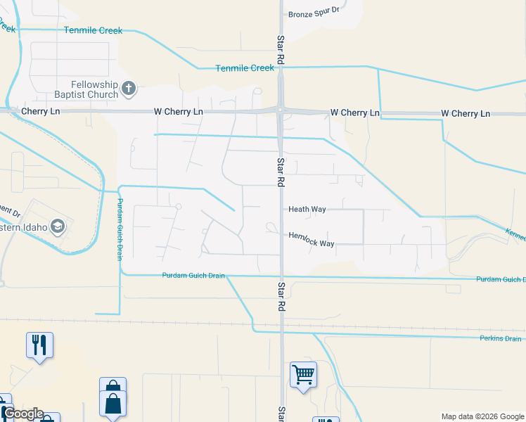 map of restaurants, bars, coffee shops, grocery stores, and more near 16714 Oriole Lane in Nampa