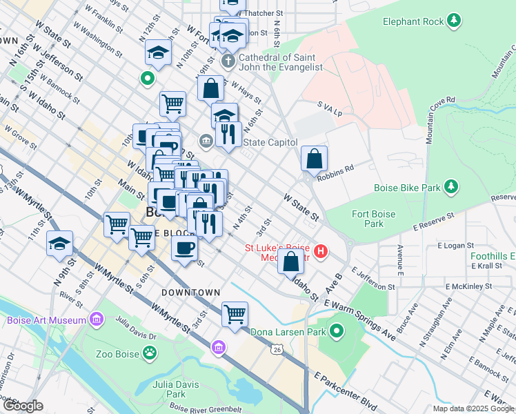 map of restaurants, bars, coffee shops, grocery stores, and more near 323 West Jefferson Street in Boise