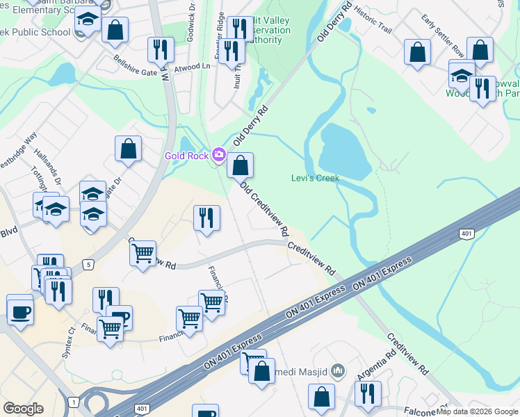 map of restaurants, bars, coffee shops, grocery stores, and more near 1486 Spring Garden Court in Mississauga