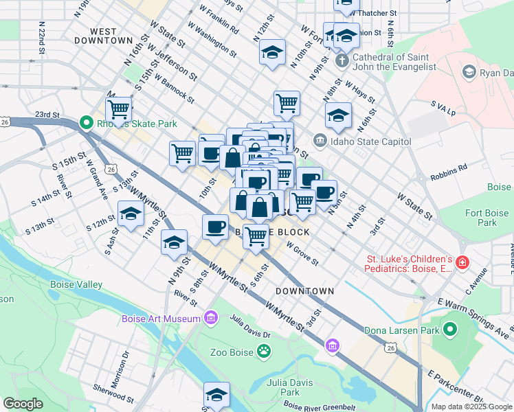 map of restaurants, bars, coffee shops, grocery stores, and more near 777 West Main Street in Boise