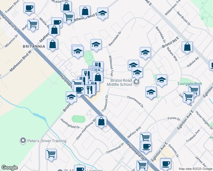 map of restaurants, bars, coffee shops, grocery stores, and more near 95 Trailwood Drive in Mississauga