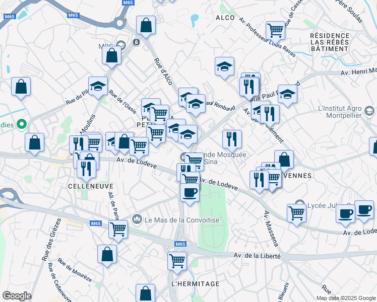 map of restaurants, bars, coffee shops, grocery stores, and more near 150 Avenue Paul Bringuier in Montpellier