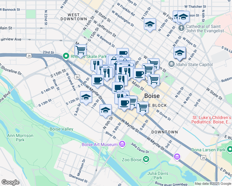 map of restaurants, bars, coffee shops, grocery stores, and more near West Front Street & South 10th Street in Boise