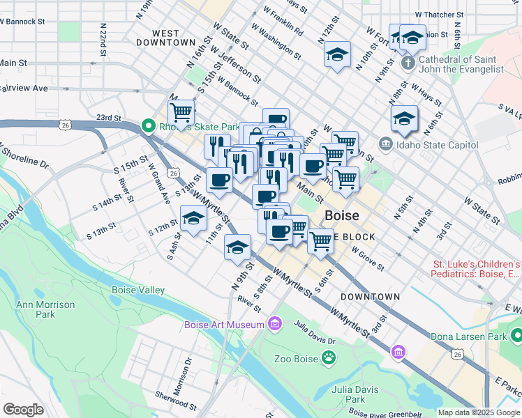 map of restaurants, bars, coffee shops, grocery stores, and more near West Front Street in Boise