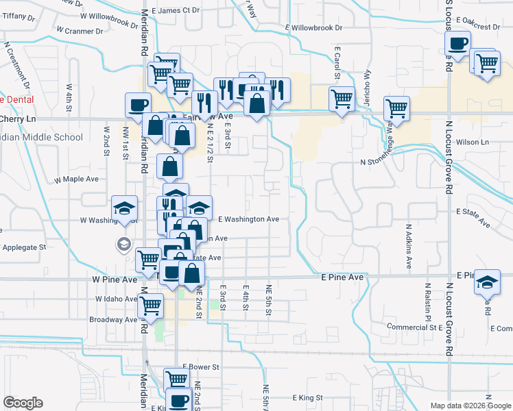 map of restaurants, bars, coffee shops, grocery stores, and more near 1222 East 4th Street in Meridian