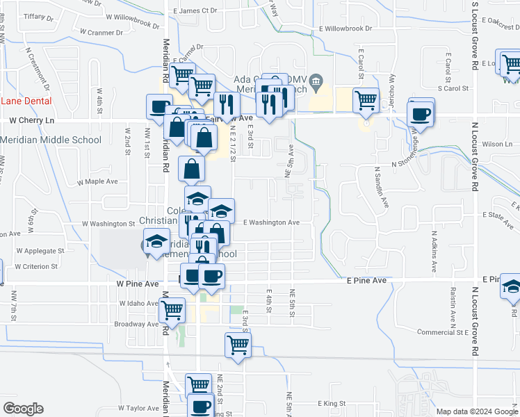 map of restaurants, bars, coffee shops, grocery stores, and more near 1233 East 4th Street in Meridian
