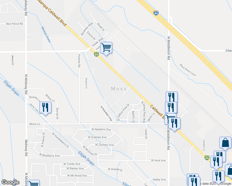 map of restaurants, bars, coffee shops, grocery stores, and more near 16732 North Pamelas Court in Nampa