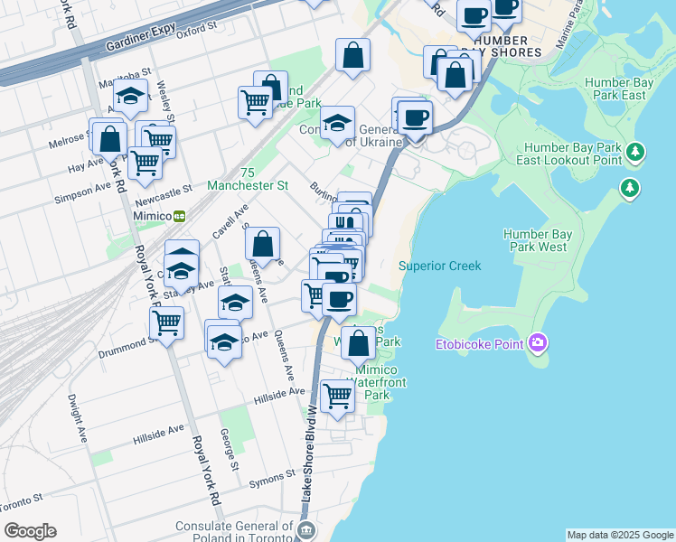 map of restaurants, bars, coffee shops, grocery stores, and more near 11 Superior Avenue in Toronto
