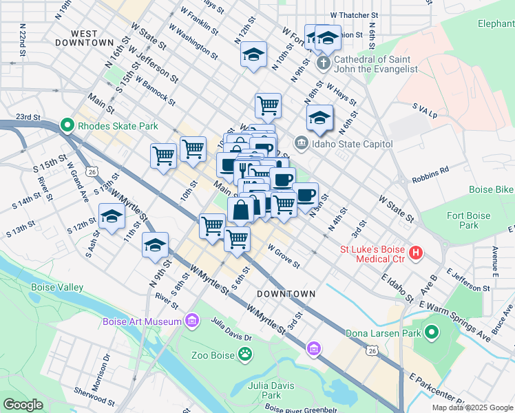 map of restaurants, bars, coffee shops, grocery stores, and more near 700 Main Street in Boise