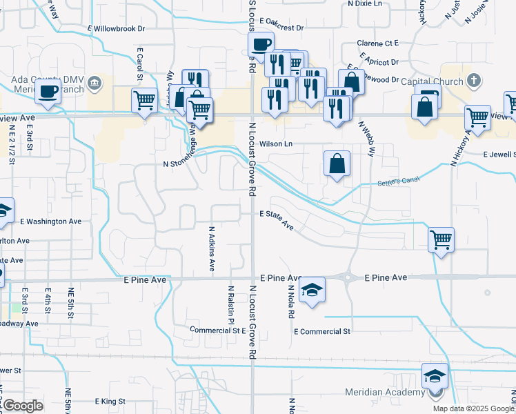 map of restaurants, bars, coffee shops, grocery stores, and more near 1160 North Locust Grove Road in Meridian