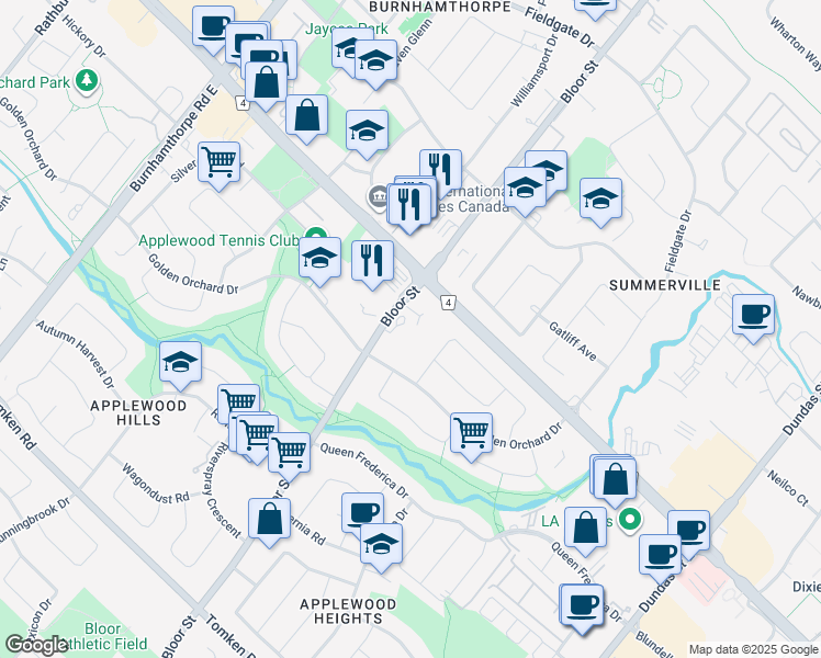 map of restaurants, bars, coffee shops, grocery stores, and more near 1300 Bloor Street in Mississauga