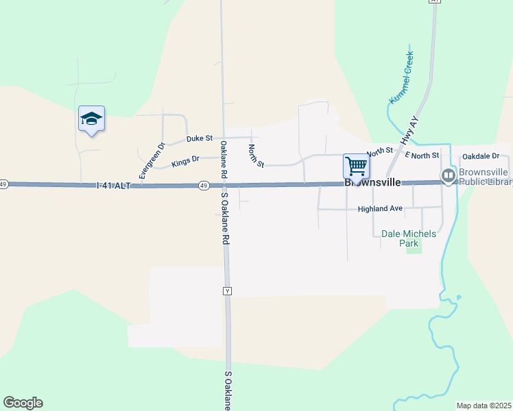 map of restaurants, bars, coffee shops, grocery stores, and more near 505 Eastgate Court in Brownsville