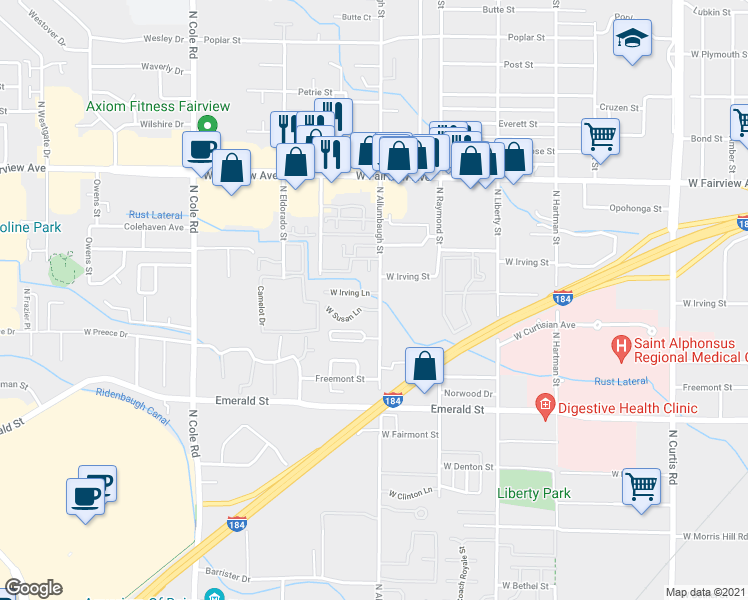 map of restaurants, bars, coffee shops, grocery stores, and more near 6813 West Irving Lane in Boise
