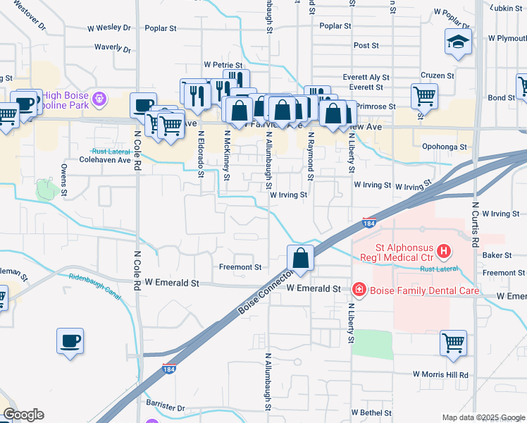 map of restaurants, bars, coffee shops, grocery stores, and more near 6817 West Irving Lane in Boise