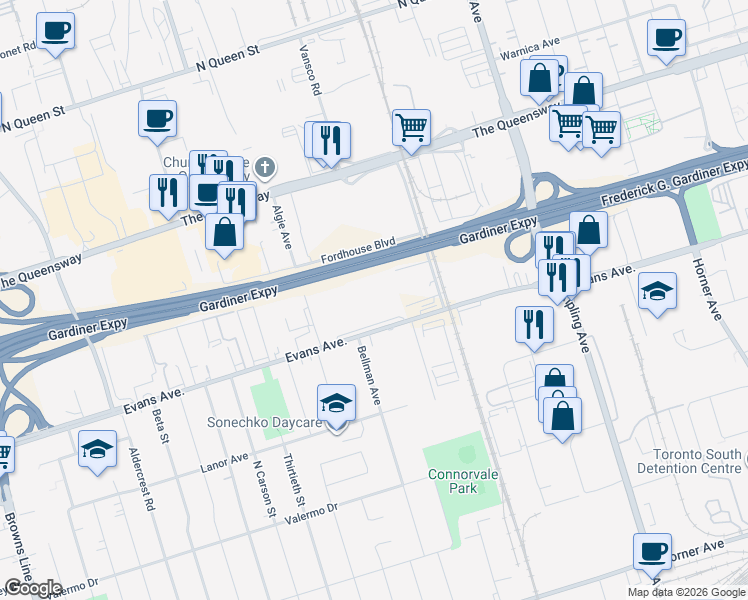 map of restaurants, bars, coffee shops, grocery stores, and more near 450 Evans Avenue in Toronto