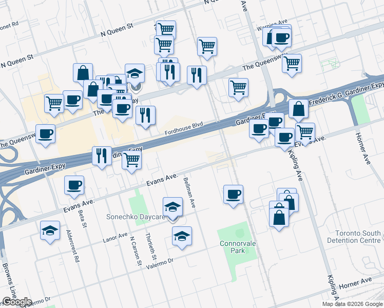 map of restaurants, bars, coffee shops, grocery stores, and more near 450 Evans Avenue in Toronto