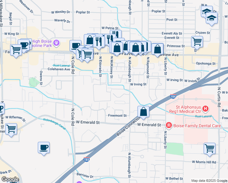 map of restaurants, bars, coffee shops, grocery stores, and more near 6933 West Irving Lane in Boise