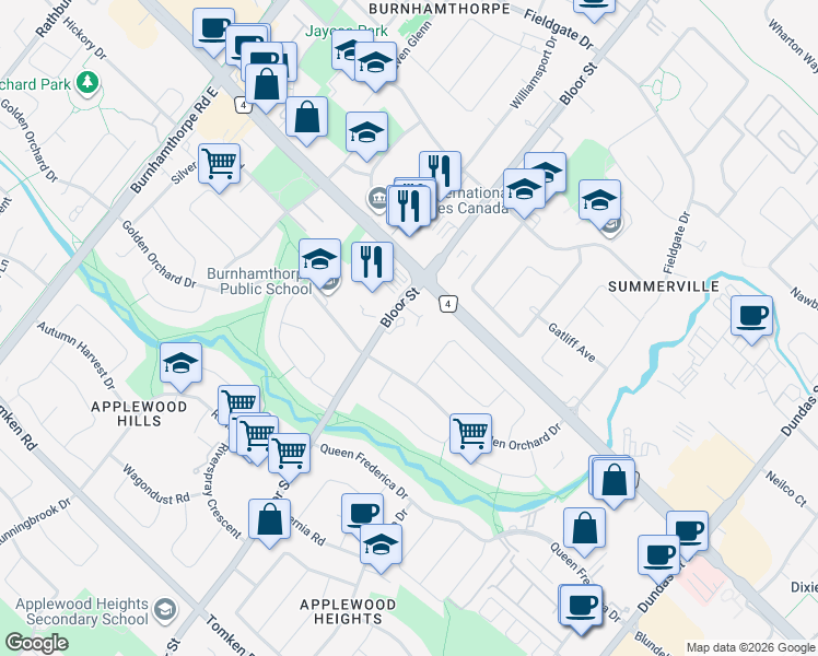 map of restaurants, bars, coffee shops, grocery stores, and more near 1300 Bloor Street in Mississauga