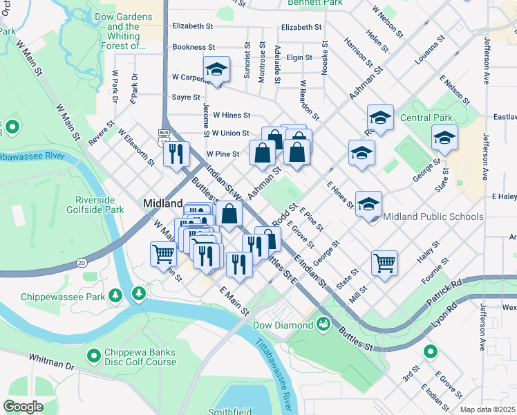 map of restaurants, bars, coffee shops, grocery stores, and more near 505 McDonald Street in Midland
