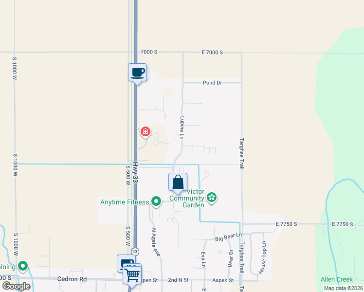 map of restaurants, bars, coffee shops, grocery stores, and more near Lupine Lane in Victor