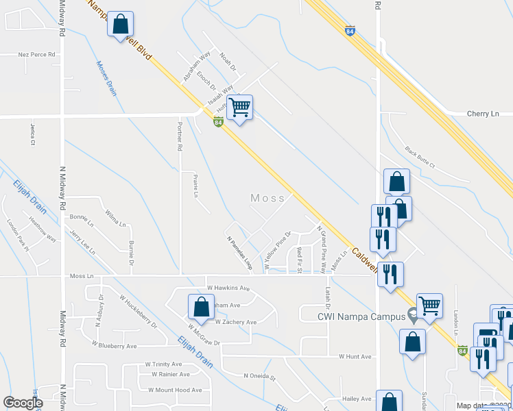map of restaurants, bars, coffee shops, grocery stores, and more near 16732 North Pamelas Court in Nampa