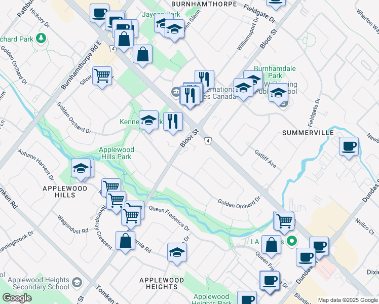 map of restaurants, bars, coffee shops, grocery stores, and more near 1300 Bloor Street in Mississauga