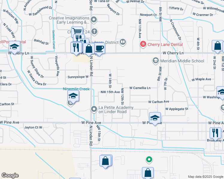 map of restaurants, bars, coffee shops, grocery stores, and more near 1136 North West 14th Place in Meridian