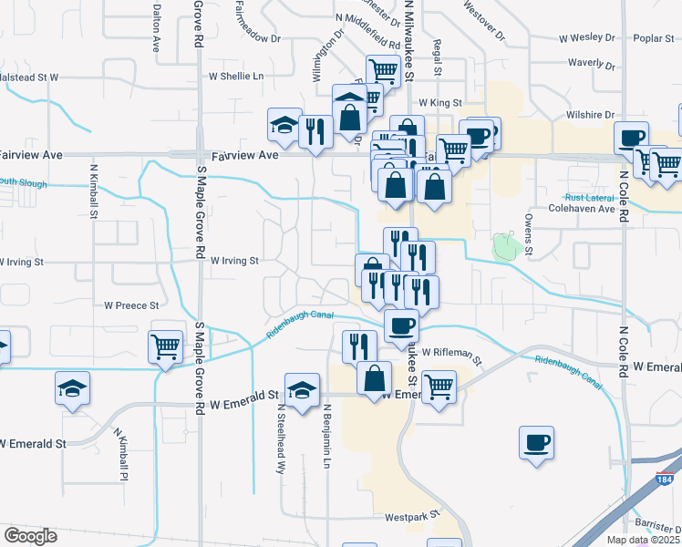 map of restaurants, bars, coffee shops, grocery stores, and more near 1139 North Fox Lane in Boise